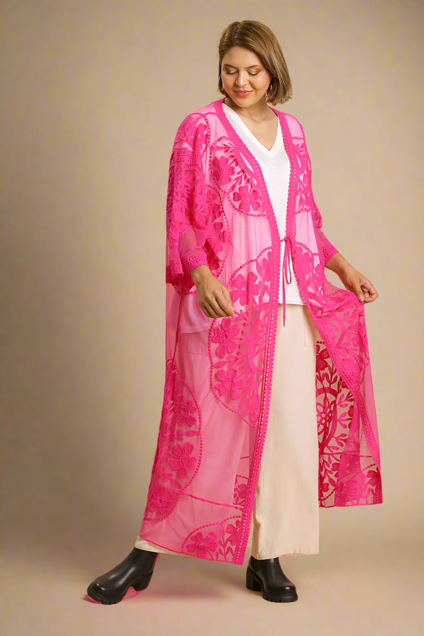 UMGEE - Hot Pink Embroidered Mesh Duster Kimono