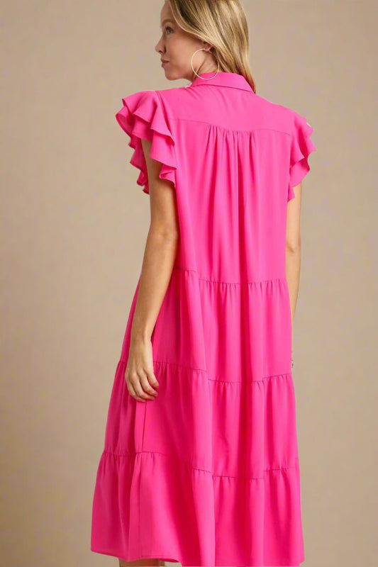 UMGEE - Hot Pink Flutter Sleeve Tiered Midi Dress