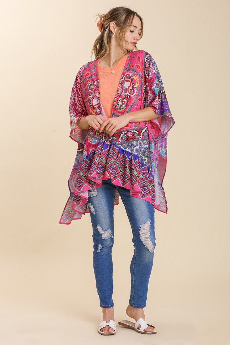 UMGEE - Hot Pink Mixed Print Ruffle Hem Cover Up