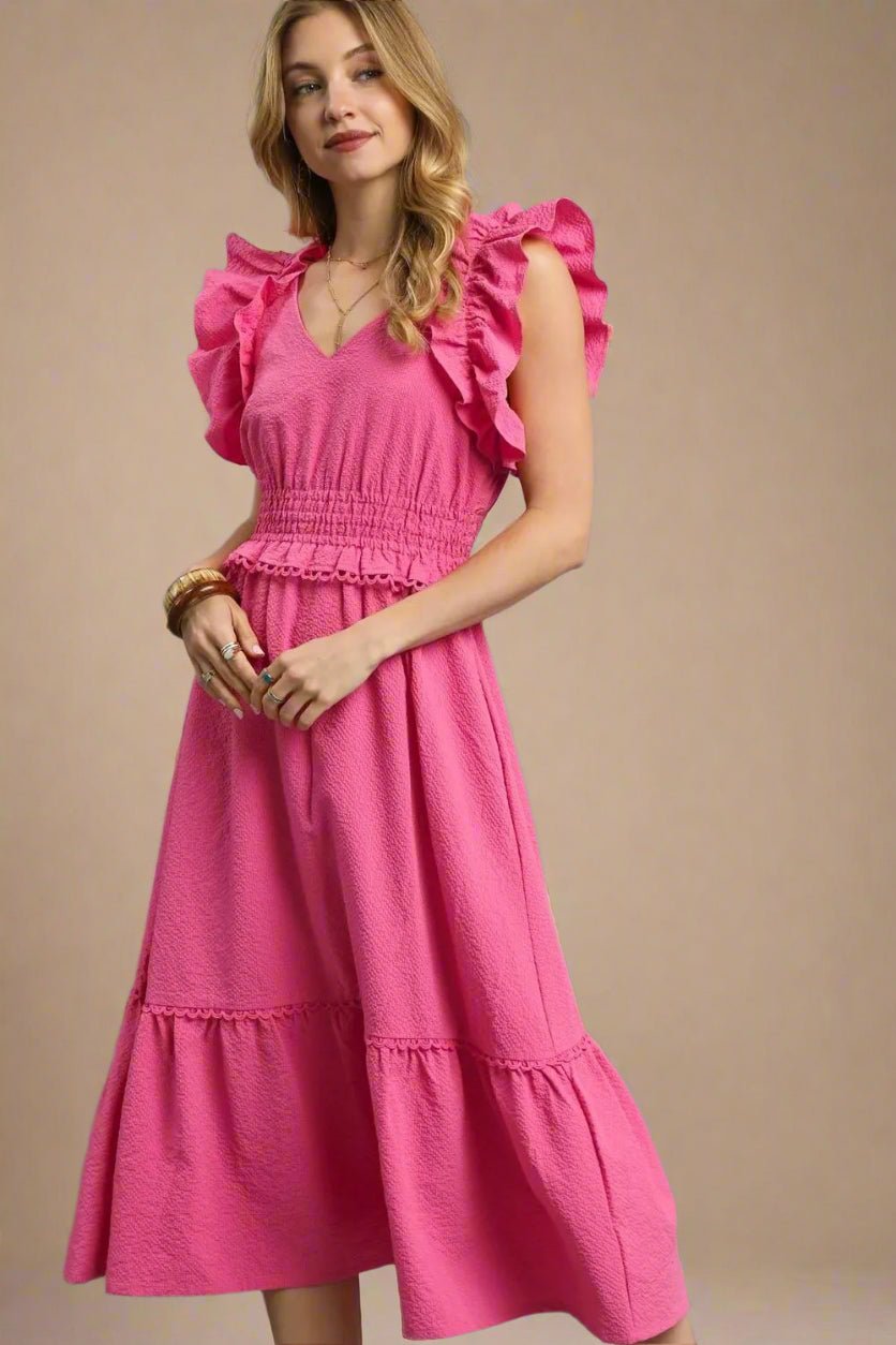 UMGEE Hot Pink Ruffle Sleeve Smocked Midi Dress Beach Rose Co. UMGEE Hot Pink Ruffle Sleeve Smocked Midi Dress Beach Rose Co.
