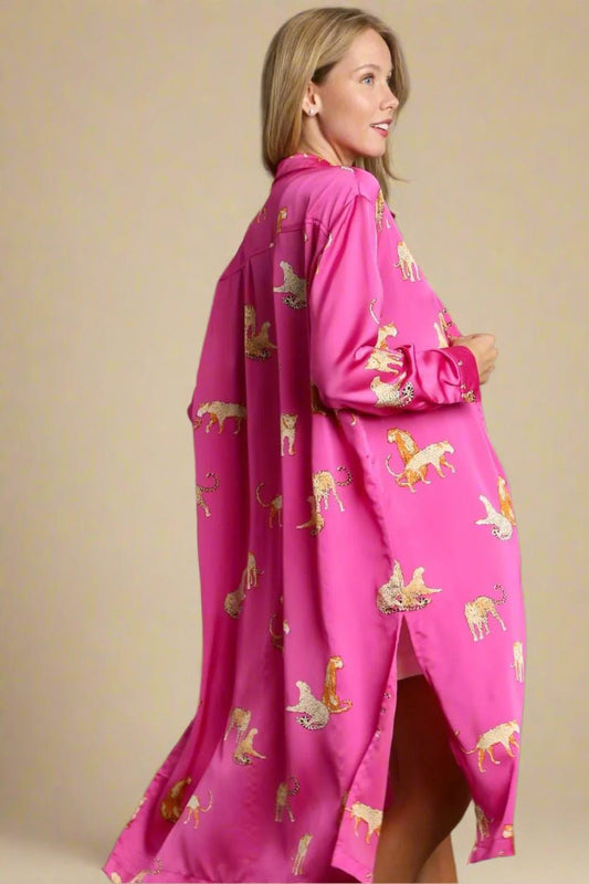 UMGEE - Hot Pink Satin Cheetah Midi Shirt Dress