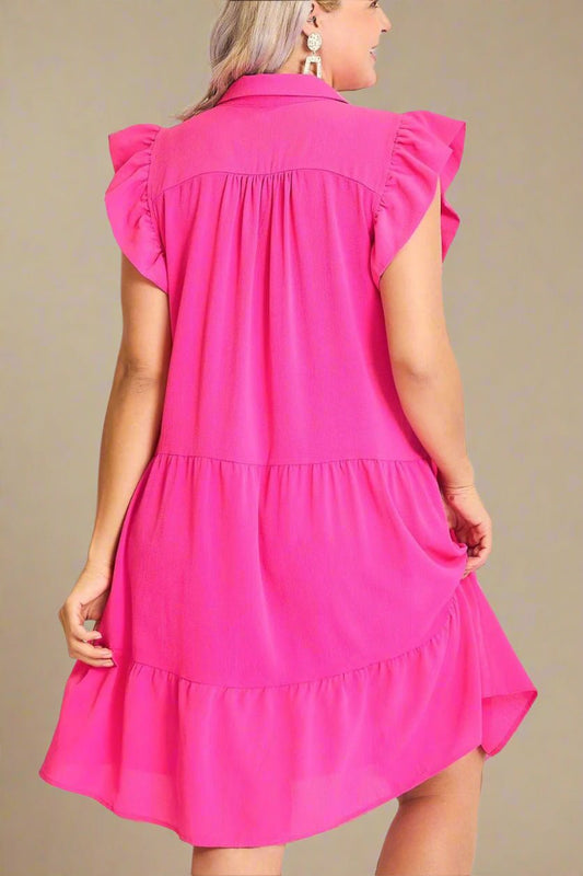 UMGEE - Hot Pink Tiered Collared Babydoll Mini Dress