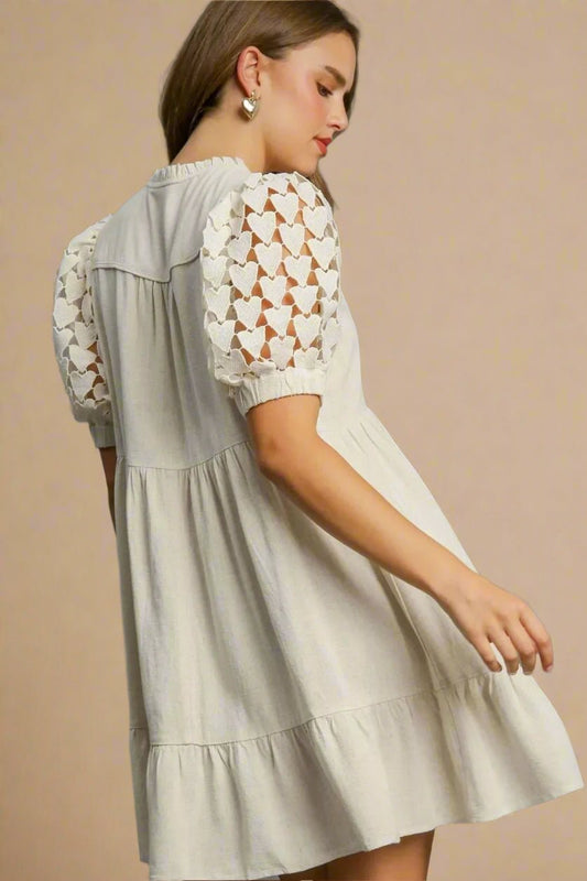 UMGEE - Ivory Babydoll Mini Dress with Heart Puff Sleeves