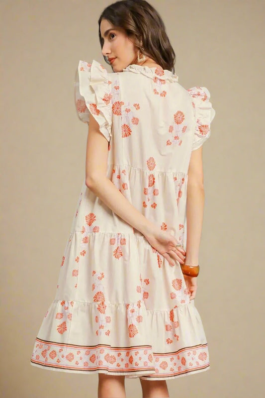 UMGEE - Ivory & Coral Floral Flutter Sleeve Tiered Midi Dress