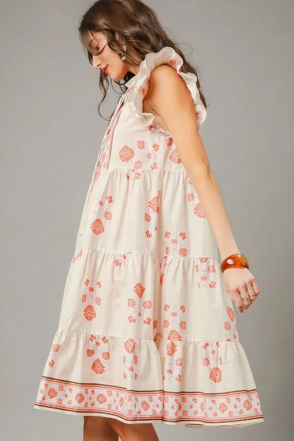 UMGEE - Ivory & Coral Floral Flutter Sleeve Tiered Midi Dress