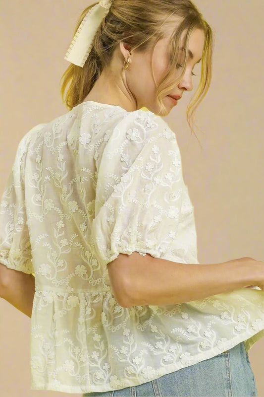 UMGEE - Ivory Embroidered Bow Tie Peplum Top