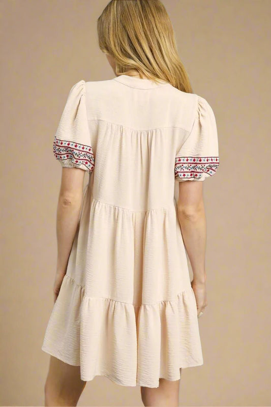 UMGEE - Ivory Embroidered Puff Sleeve Babydoll Mini Dress
