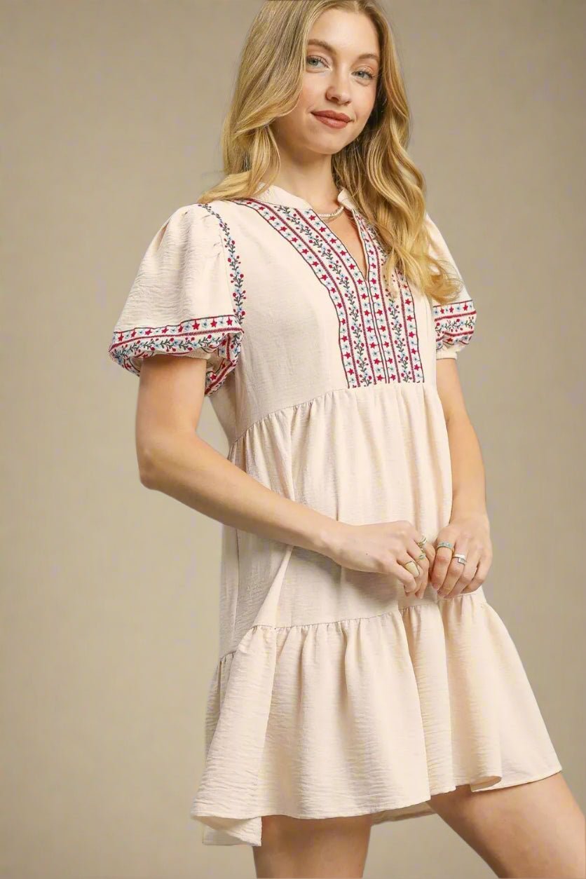 UMGEE - Ivory Embroidered Puff Sleeve Babydoll Mini Dress