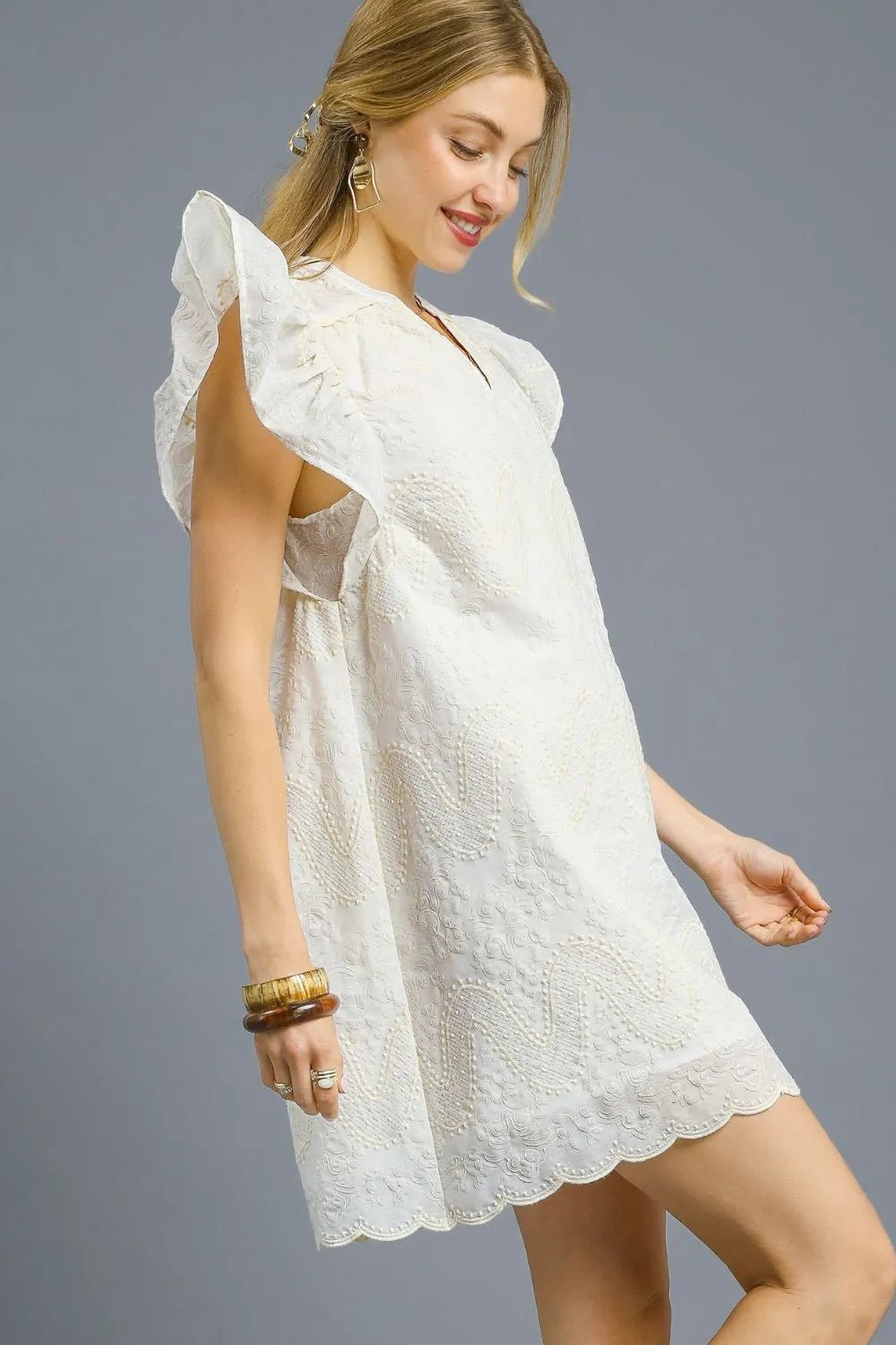 UMGEE - Ivory Embroidered Ruffle Sleeve Mini Dress