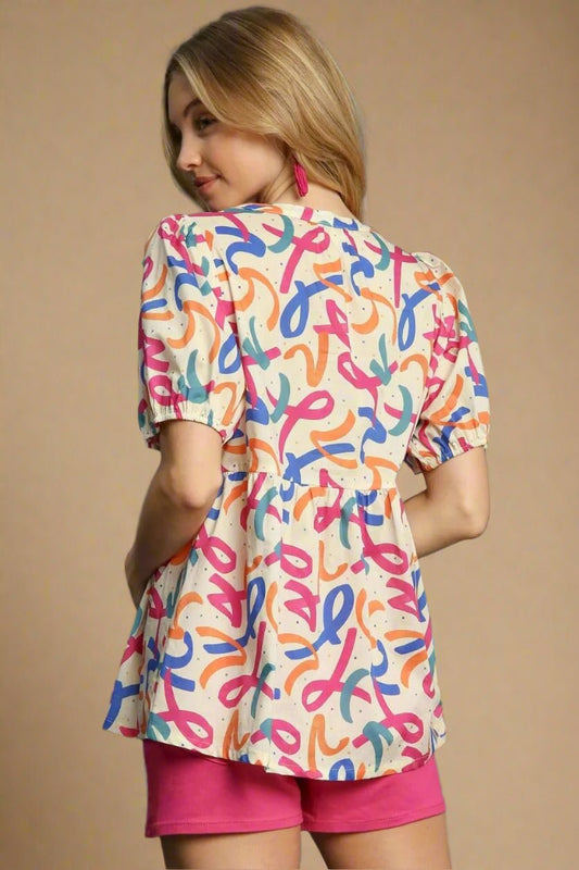 UMGEE - Ivory Multicolor Abstract Babydoll Top