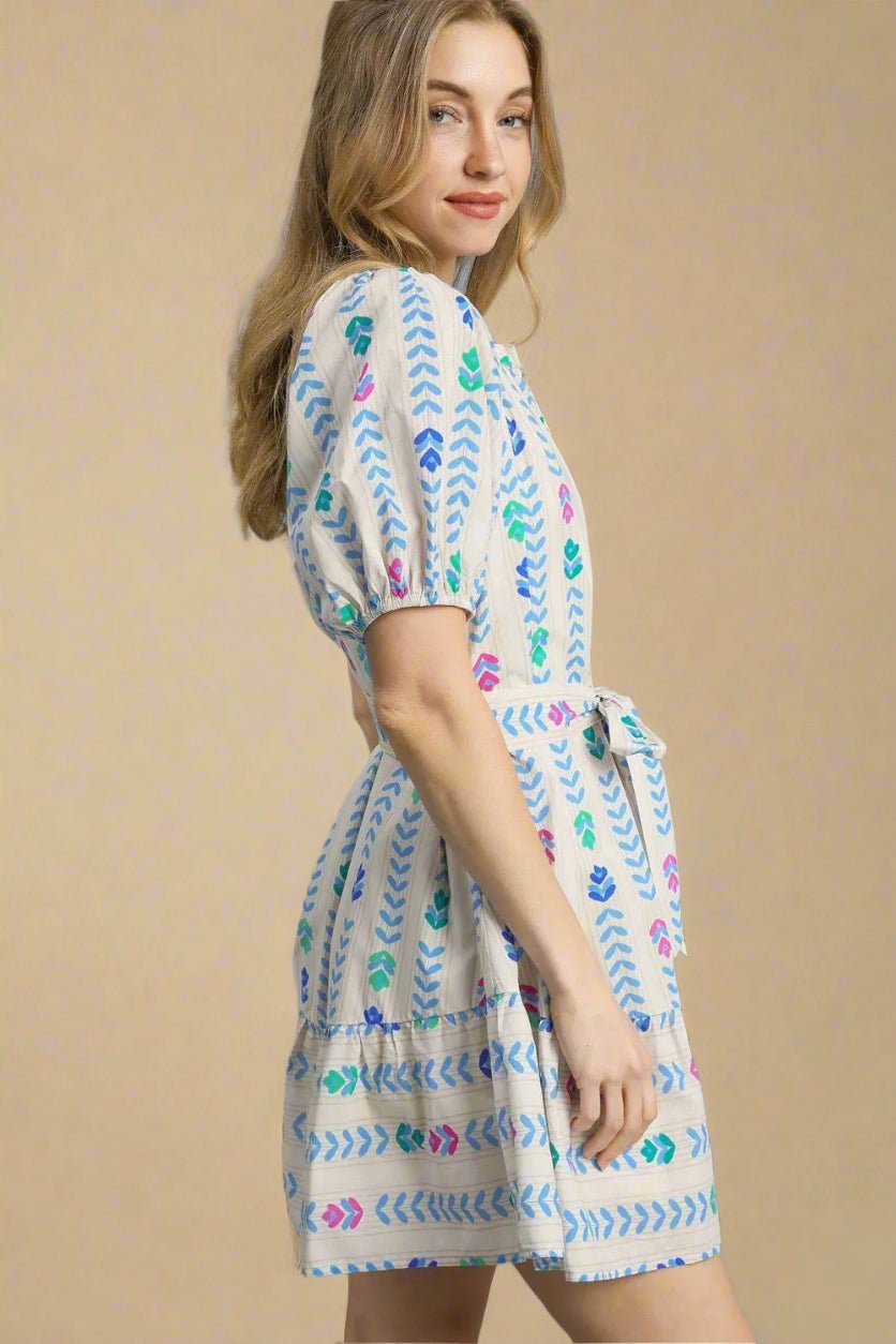 UMGEE - Ivory Multicolor Print Belted Mini Dress