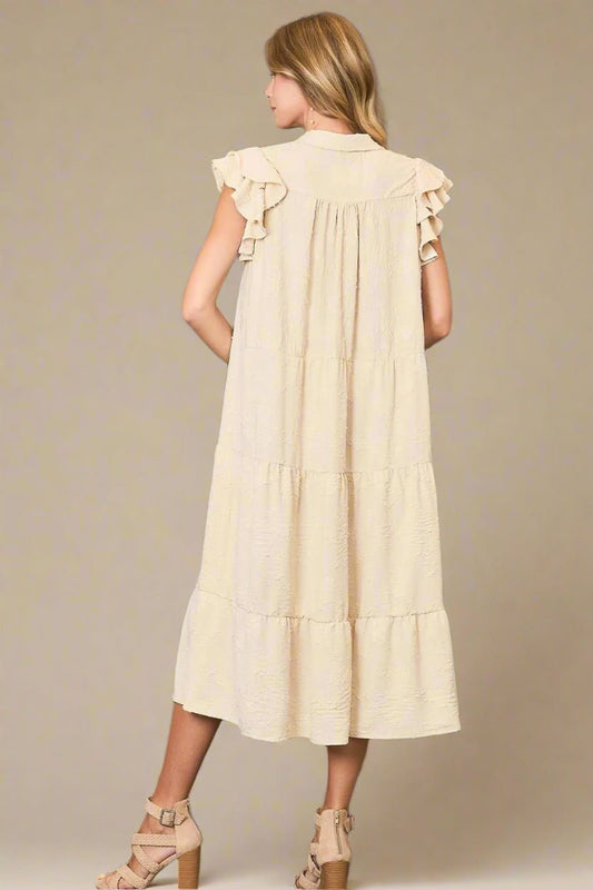 UMGEE - Ivory Ruffle Sleeve Textured Midi Dress