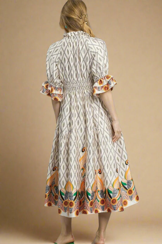 UMGEE - Ivory Smocked Waist Boho Midi Dress