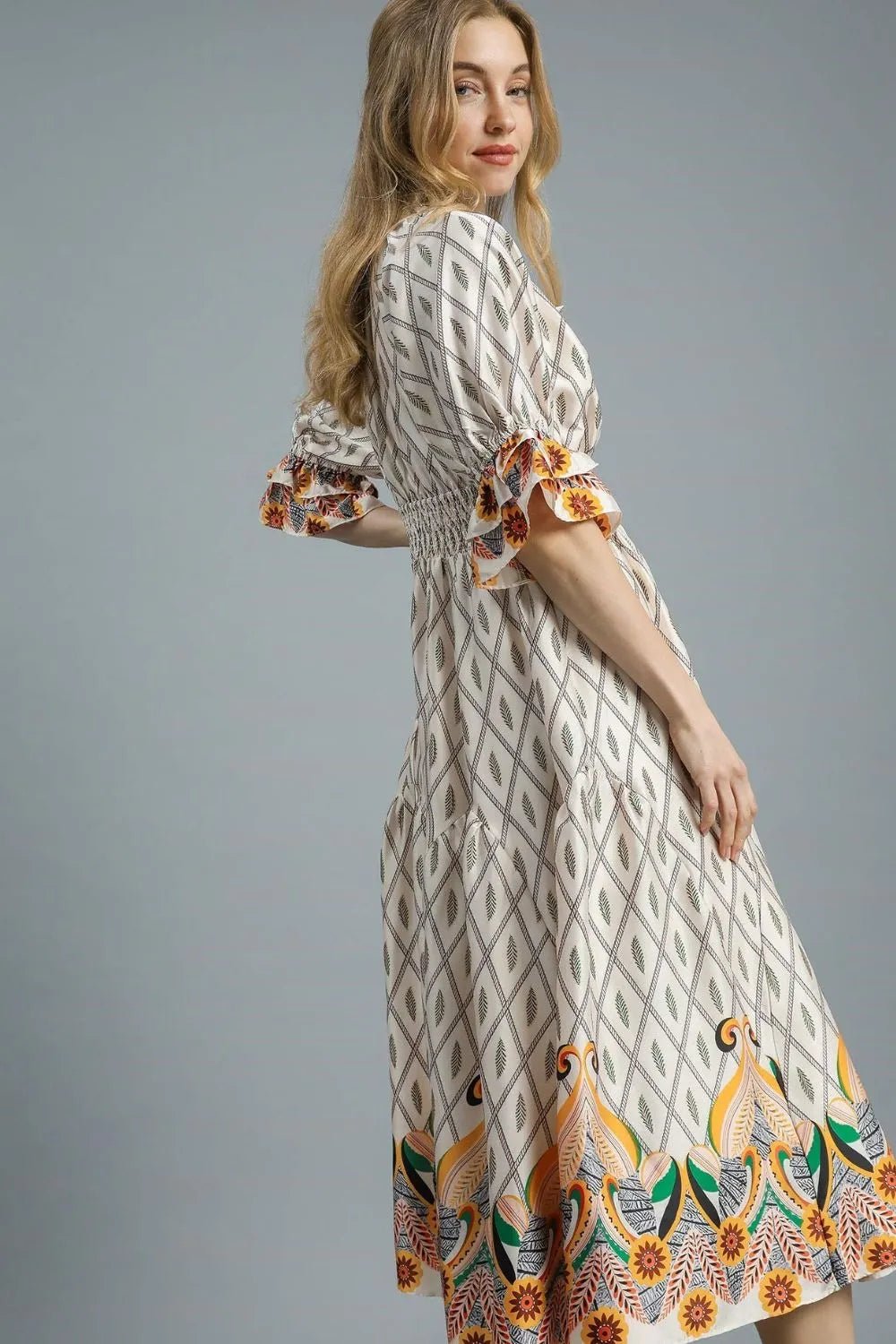 UMGEE - Ivory Smocked Waist Boho Midi Dress