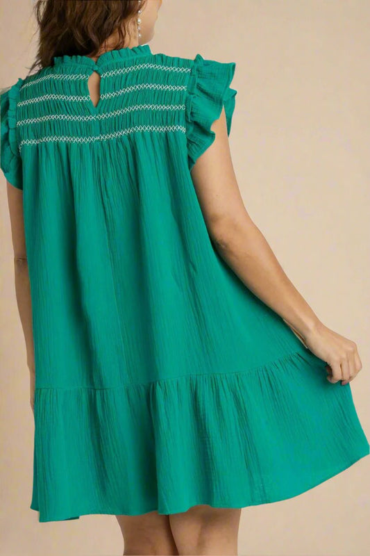 UMGEE - Jade Green Smocked Babydoll Mini Dress
