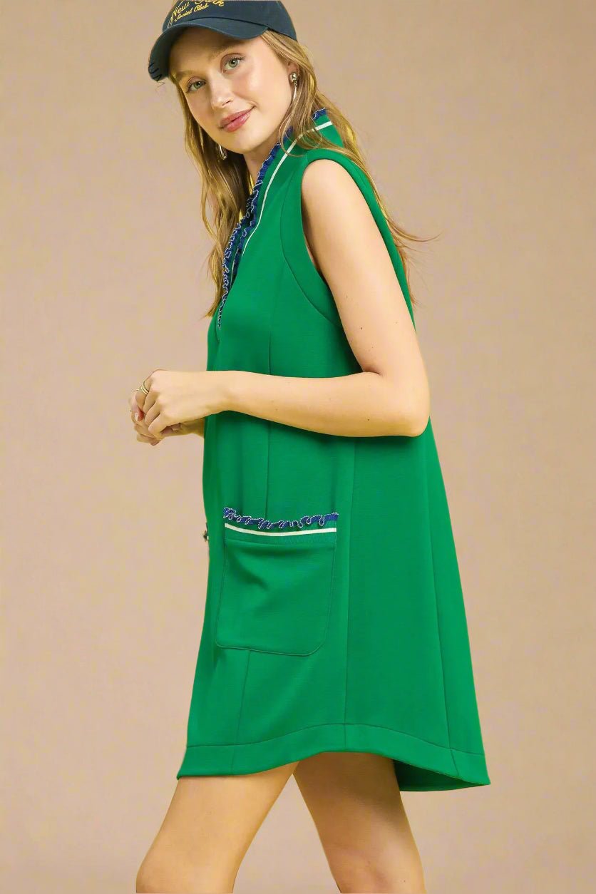 UMGEE - Kelly Green Sleeveless Mini Shift Dress with Pockets