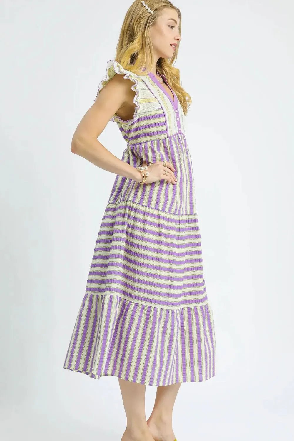 UMGEE - Lavender & Ivory Striped Flutter Sleeve Midi Dress
