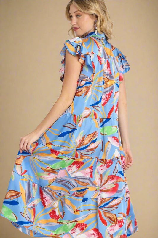 UMGEE - Leaf Print Ruffle Sleeve Tiered Midi Dress in Periwinkle