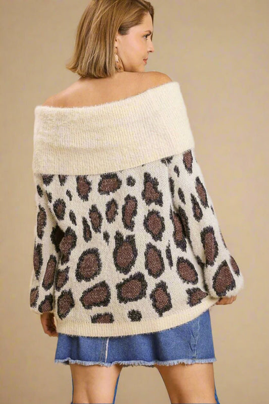 UMGEE - Leopard Off - Shoulder Long Sleeve Sweater in Cream