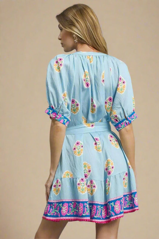 UMGEE - Light Blue Floral Border Print Tie Waist Mini Dress
