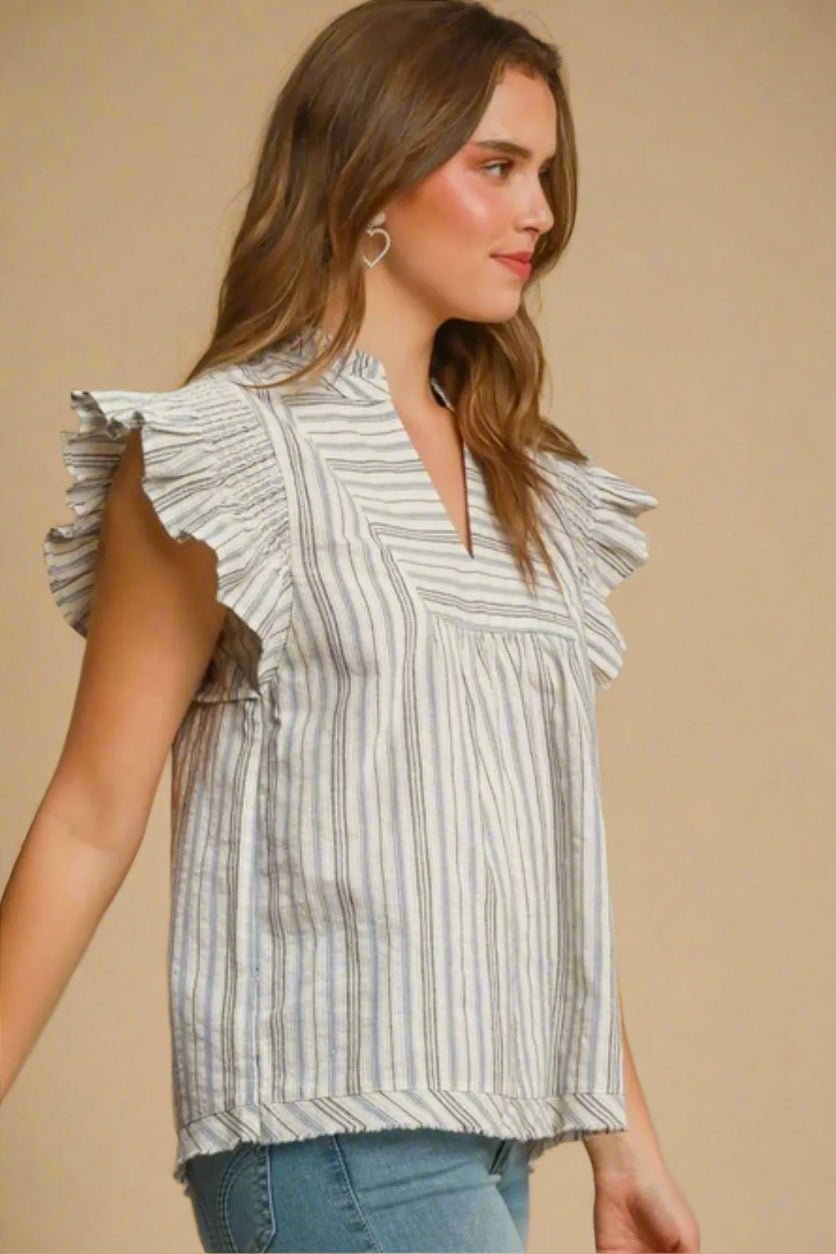UMGEE - Light Blue Ruffle Sleeve Striped Cotton Top