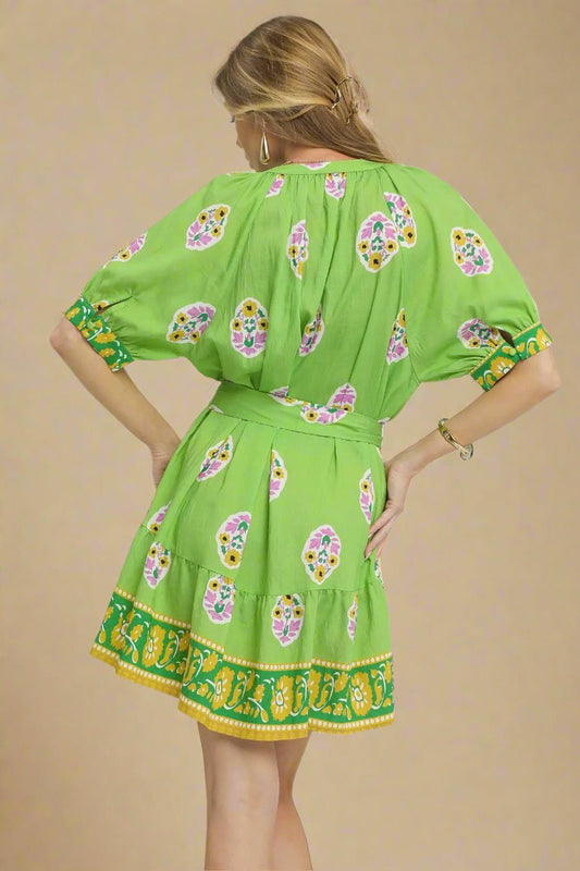 UMGEE - Lime Green Floral Border Print Tie Waist Mini Dress