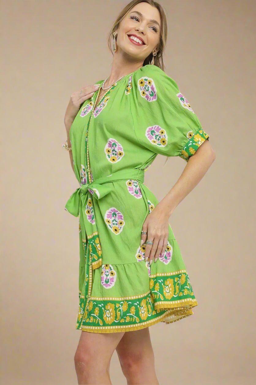 UMGEE - Lime Green Floral Border Print Tie Waist Mini Dress