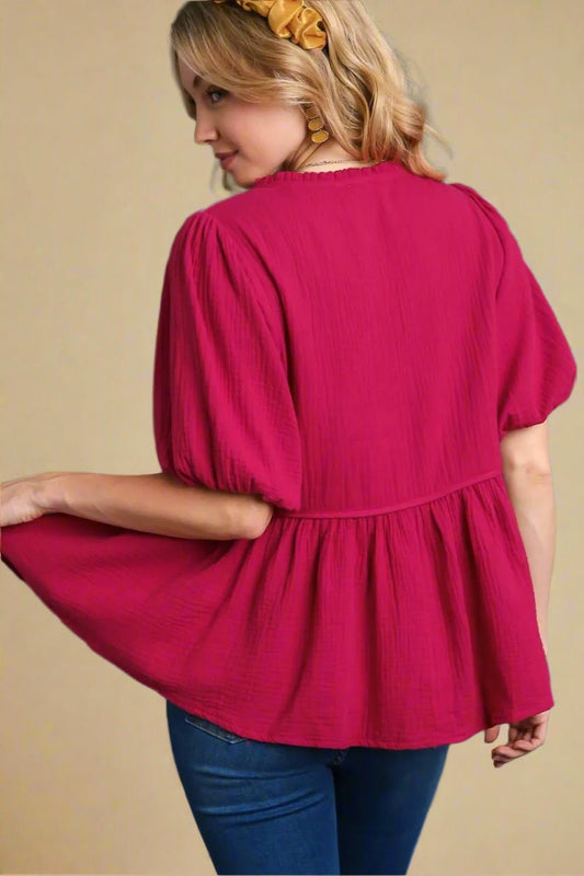 UMGEE - Magenta Embroidered Peplum Blouse