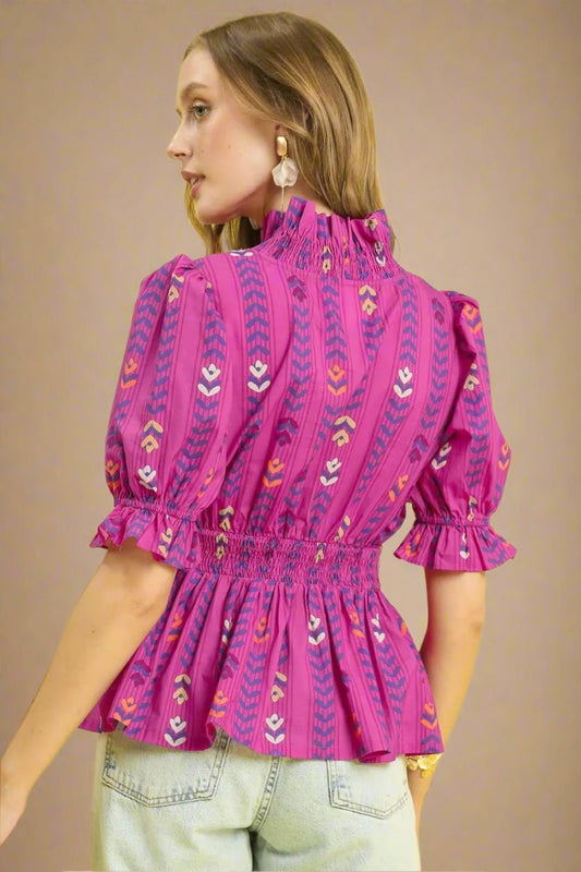 UMGEE - Magenta Ruffle Smocked Peplum Blouse