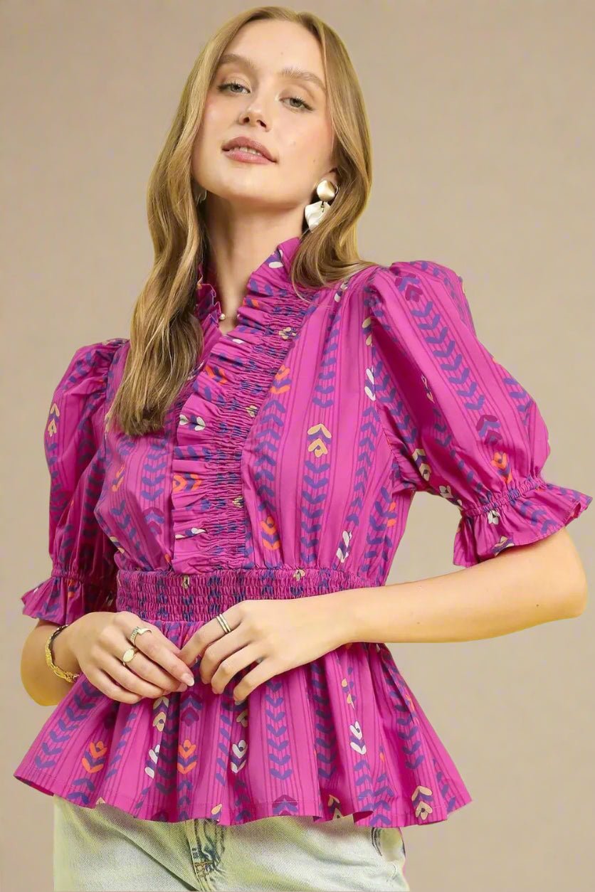 UMGEE - Magenta Ruffle Smocked Peplum Blouse