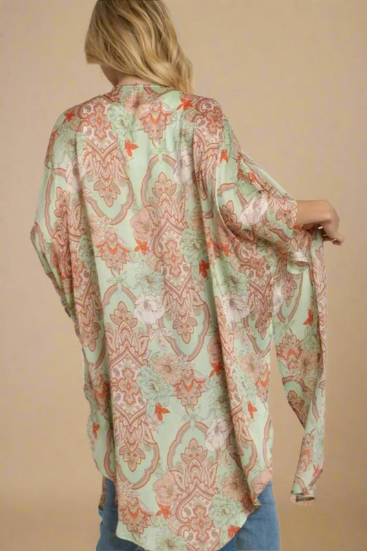 UMGEE - Mint and Coral Paisley Open Front Kimono