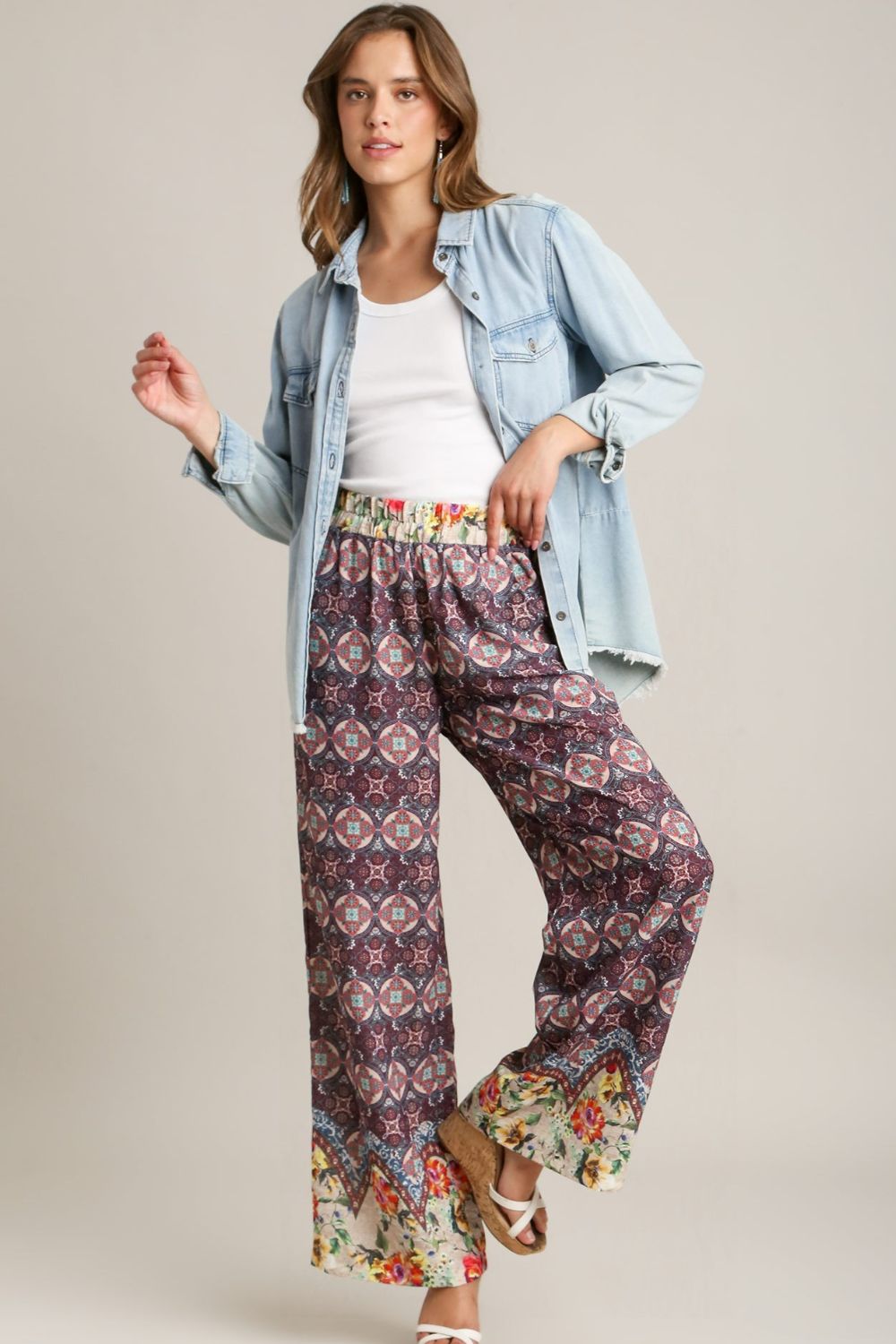 UMGEE - Mixed Print Elastic Waist Pants in Maroon