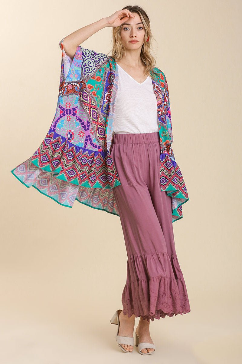 UMGEE - Mixed Print Ruffle Hem Cover Up in Turquoise