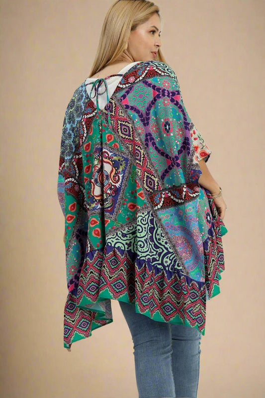 UMGEE - Mixed Print Ruffle Hem Cover Up in Turquoise