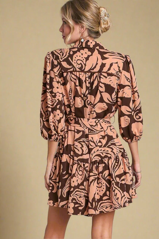UMGEE - Mocha Floral Mini Shirt Dress with Tie Waist