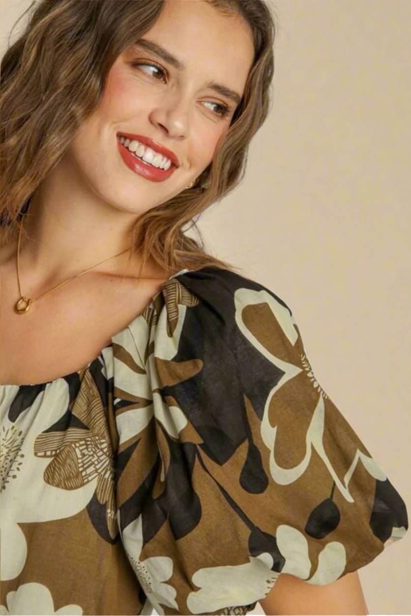 UMGEE - Mocha Puff Sleeve Floral Blouse