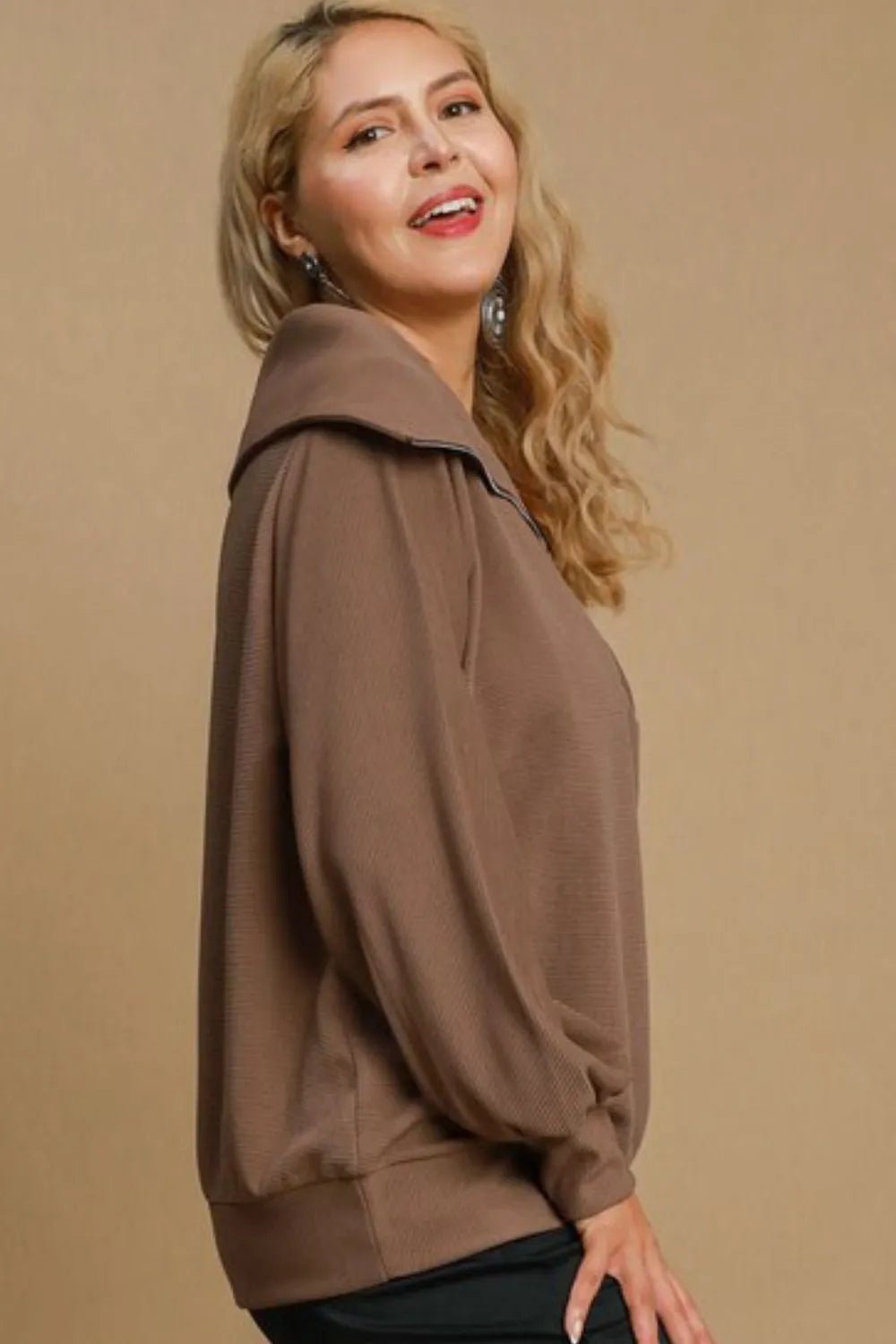 UMGEE - Mocha Ribbed Half - Zip Pullover with Wide Collar