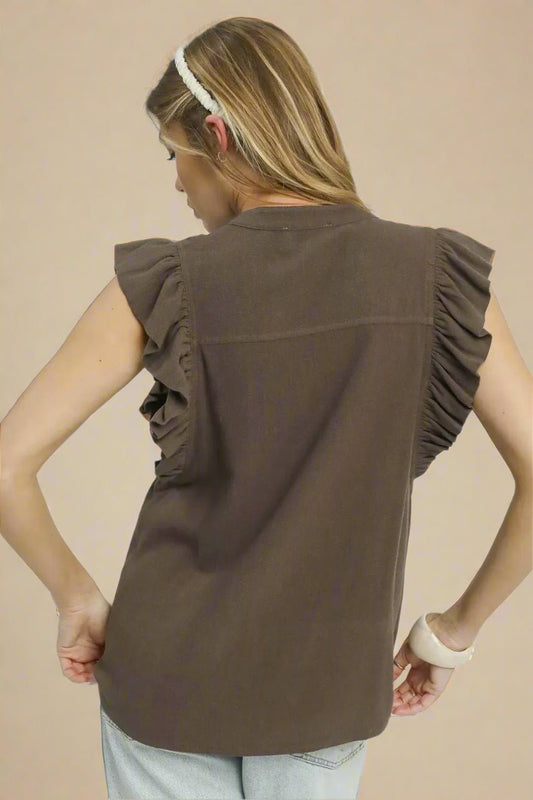 UMGEE - Mocha Ruffle Sleeve Button Front Blouse