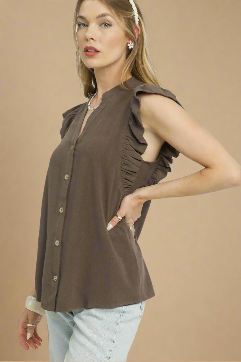 UMGEE - Mocha Ruffle Sleeve Button Front Blouse