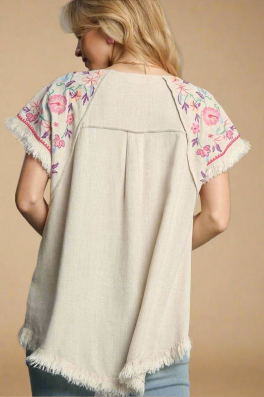 UMGEE - Natural Linen Fringe Top with Embroidered Sleeves
