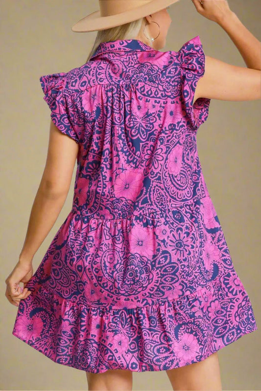 UMGEE - Navy & Pink Printed Ruffled Cap Sleeve Babydoll Mini Dress
