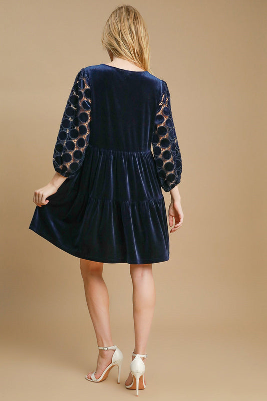 UMGEE - Navy Polka Dot Lace Sleeve Tiered Velvet Mini Dress