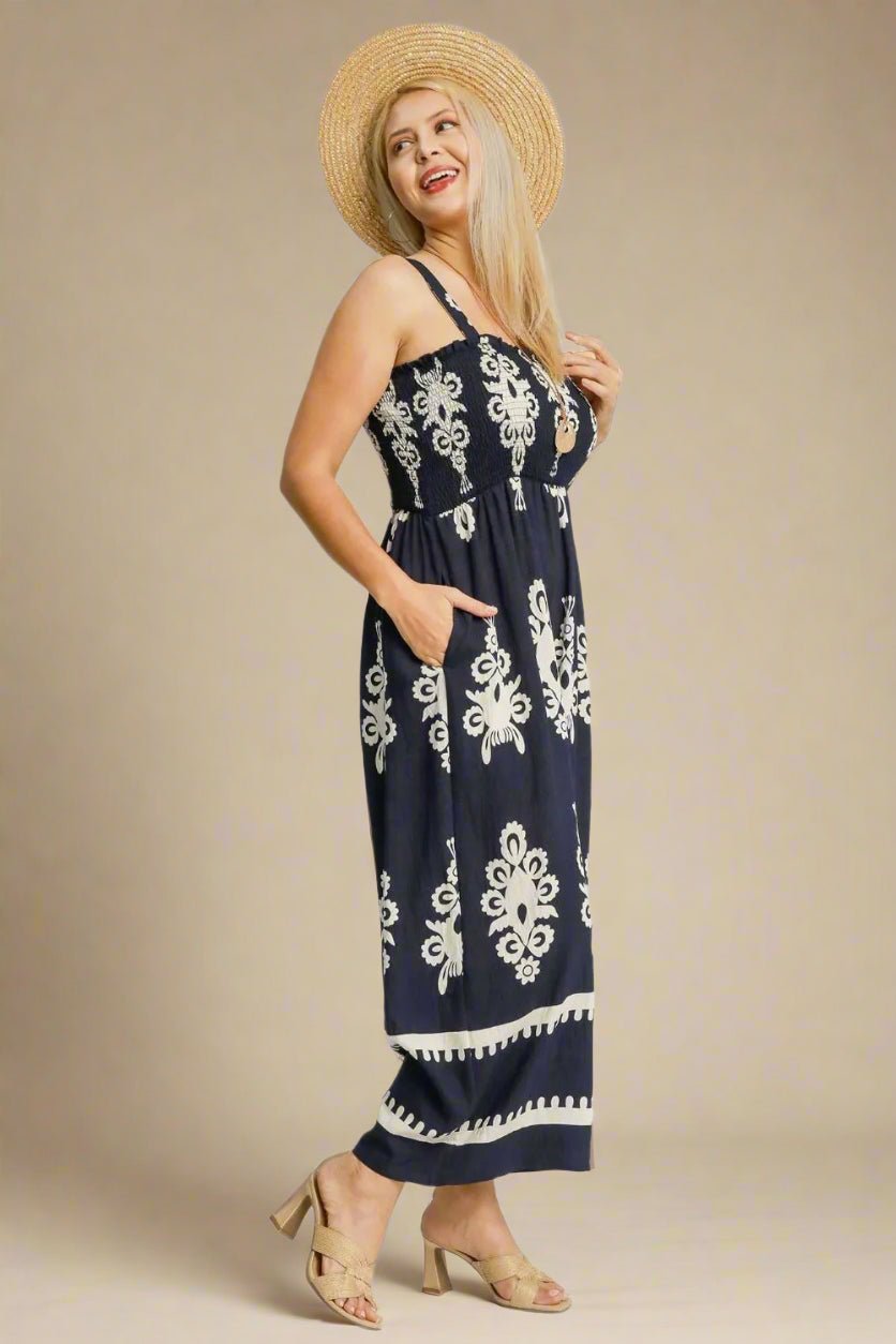 UMGEE - Navy Printed Smocked Wide Leg Jumpsuit