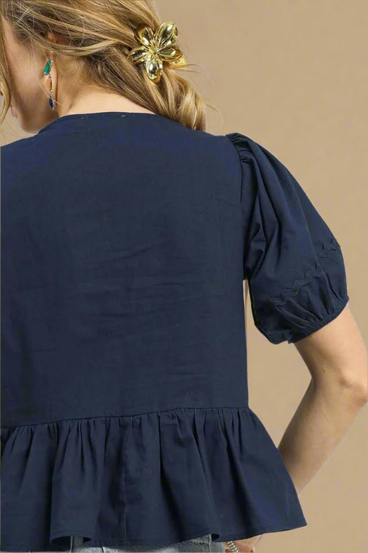 UMGEE - Navy Puff Sleeve Peplum Top with Tie Neck