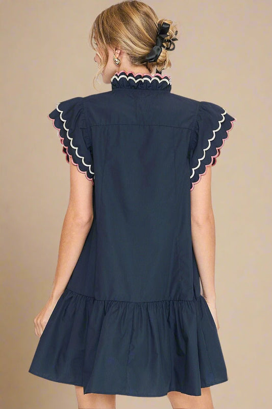 UMGEE - Navy Ruffle Trim Mini Dress with Scalloped Embroidery