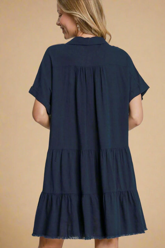 UMGEE - Navy Tiered Mini Dress with Raw Hem and Collar