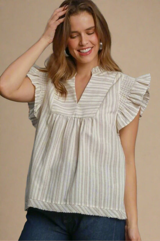 UMGEE - Oat Stripe Ruffle Sleeve Cotton Top