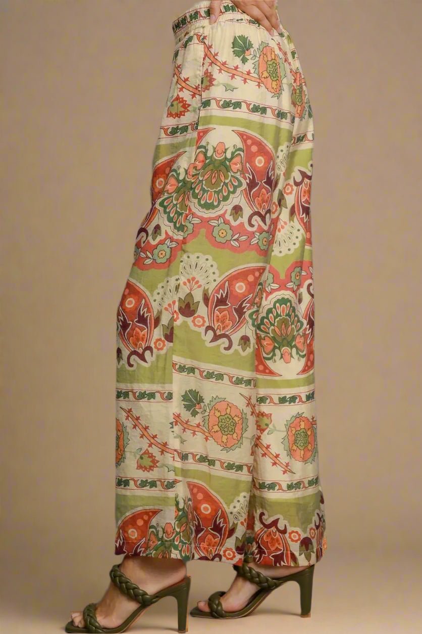UMGEE - Olive Clay Boho Print Wide Leg Paisley Floral Pants