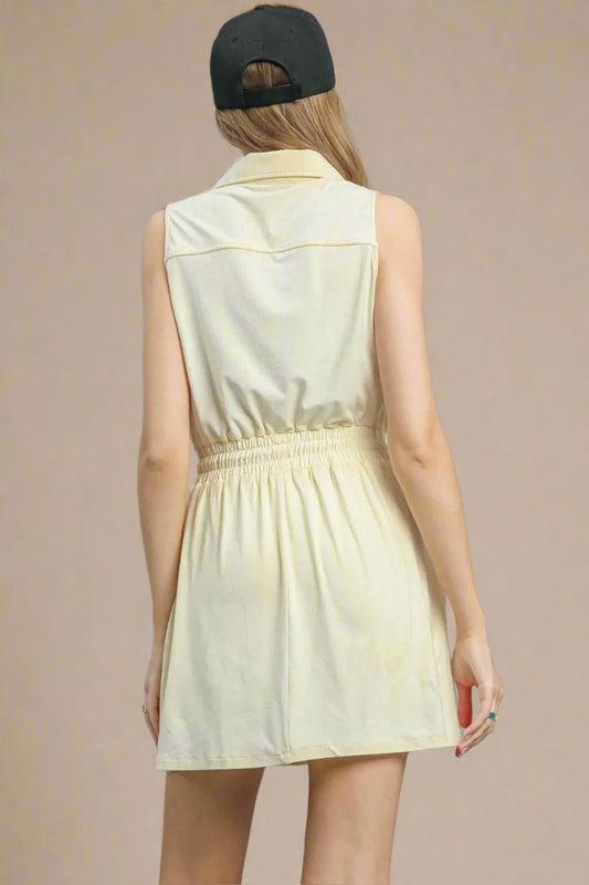UMGEE - Pale Yellow Zip Front Romper Dress with Built - In Shorts