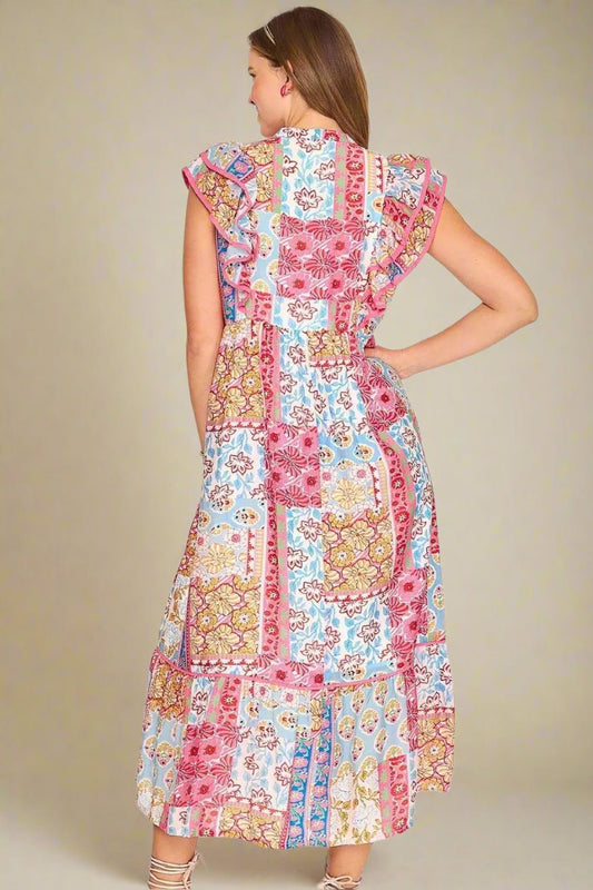 UMGEE - Patchwork Garden Ruffle Sleeve Midi Dress